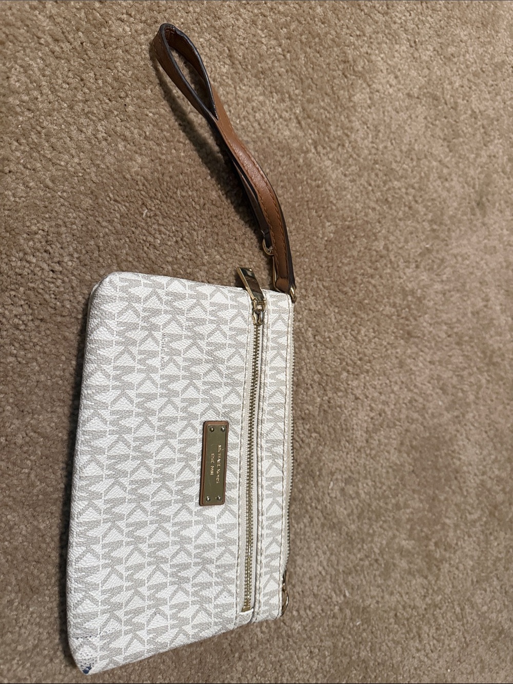 Michael Kors White Logo Wristlet with Brown Strap and Gold Plate